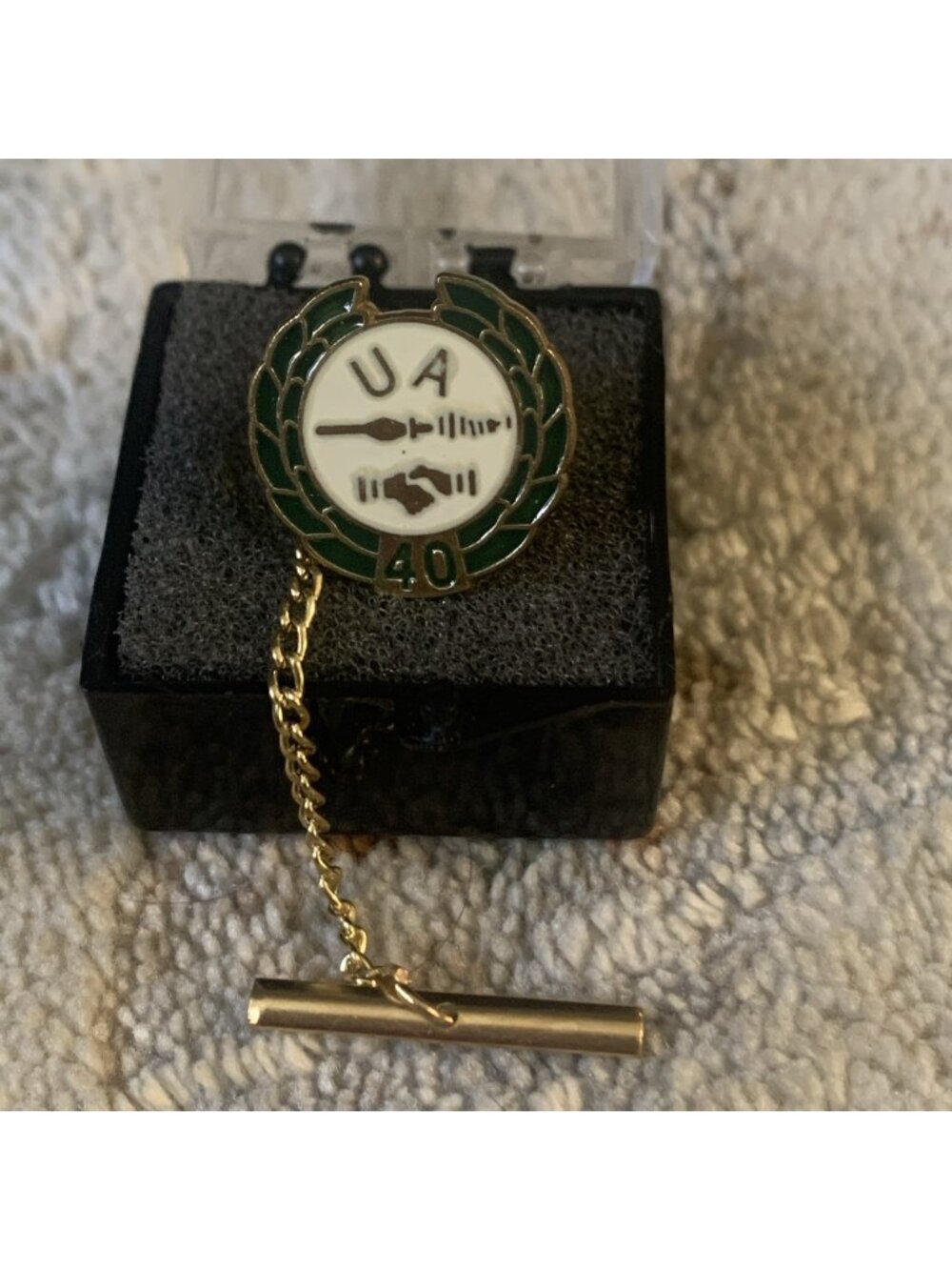 Vintage UA Plumbers Pipefitters 40 Year Service Award Pin Tie Tack Chain